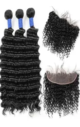 10A Brazilian Deep Wave 3Bundles with 13*4 Lace Frontal Peruvian Malaysian Human hair Bundles with Closure Wholesale for Women All Ages Jet Black9779128
