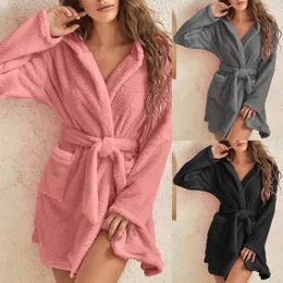 Womens Sleepwear Autumnwinter Fashion Hooded Home Fury Round Neck Pajamas Solid Color Warm Bathrobe Women 230921