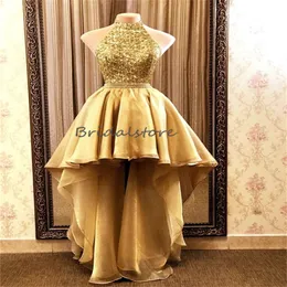 Hi Low Gold Sequin Prom Dress For Black Girls Sexy Halter Backless Homecoming Dress 2023 Sparkly Formal Short Evening Dress Chic Cocktail Party Birthday Dress Women