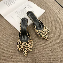 Dress Shoes Sandals and Slippers for Women's Outer Wear Fashion Stiletto Pointed Toe Halfslippers Leopard Print Bow Allmatch PU 230921