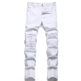 Mens Jeans High Street Fashion White Hole Patch Elastic Slim Fit Pleated Skinny Solid Quality Denim Trousers 230922