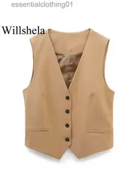 Gilets Femmes Willshela Femmes Mode Kaki Recadrée Gilet Col En V Simple Boutonnage Sans Manches Femme Chic Lady Outfit Court Top Débardeur L230922