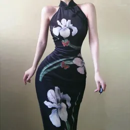 Ethnic Clothing Retro Young Girl Improved Modern Qipao Sexy Cheongsam Dress Printing Temperament Slim Elegant Long Black Dresses With Hip