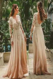 Beauty Champagne Boho Beach Wedding Gowns Sexy Deep V Neck Long Sleeves Backless Floor Long Country Garden Bridal Dress Plus Size2323417