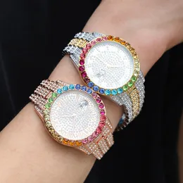 High Quality Hip Hop Colorful Watch 316L Stainless Steel Case Cover Full Diamond Crystal Strap Watches Quartz Wrist Watches Rapper3187