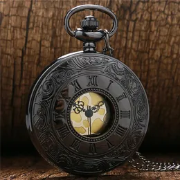 Steampunk Retro Full Black Unisex Quartz Pocket Watch Roman Number Case Mens 여성 아날로그 디스플레이 시계 시계 펜던트 체인 GIF245C