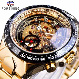 Forsining aço inoxidável série clássica movimento dourado transparente steampunk relógios de esqueleto mecânico masculino marca superior luxo 209u