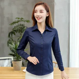 Kvinnors blusar tröjor Blue LongSleeved Professional Business Vneck Overalls avslutar Women's Office Large Size Shirt 230921