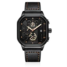 Крутые черные брендовые мужские часы NEKTOM, точные кварцевые часы, кожаный ремешок, светящиеся наручные часы с квадратным циферблатом, 335k