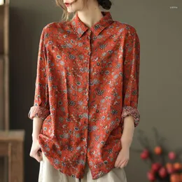 Women's Blouses Vintage Printed Lapel Button All-match Floral Shirt Women Clothing 2023 Autumn Loose Casual Tops Long Sleeve Commute Blouse