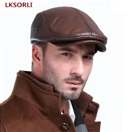 Berets Men's First Layer Cowhide Leather Hat Winter Berets Male Warm Ear Protection Cap 100% Genuine Leather Dad Hat Wholesale Leisure 230922