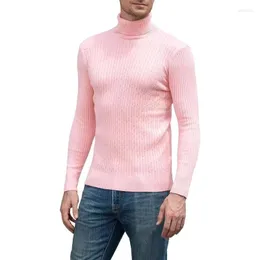 メンズセーター2023秋と冬のハイネックセータージャッカーニットエラスティックスリムフィットプルオーバーピンクの男性