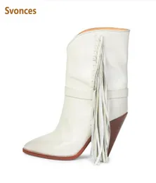 Fashion White Fringe MidCalf Boots Woman Spikes Heels Solid Microfiber Pointed Toe Botas Factory Customize Shoes Women6524820