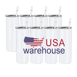 US/CA Stocked 20oz Double Wall Stainless Steel Mugs Sublimation Blanks Straight White Insulated Tumblers with Lid And Plastic Straw