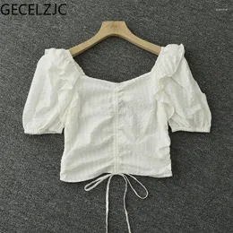 Women's Blouses GECELZJC Women Shirts Puff Sleeve Sweet Square Collar Slim Fit Femme Summer Fashion French Style Tops Female G1208