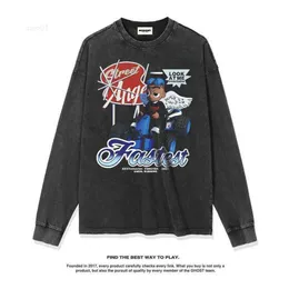 New Design Hip-hop Dirty Braid Children's Printed Long Sleeved T-shirt Washed Old White Ink Direct Spray Pure Cotton Trendy Brandk1ua