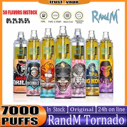 Original RandM Tornado Puffs 7000 Einweg-E-Zigaretten-Pod-Gerät 7000 Puff Leistungsstarker Akku 0 % 2 % 3 % 5 % 14 ml vorgefüllte Patrone Mesh Coil RGB-Licht-Vape-Pen-Kit
