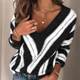 Damenpullover Jocoo Jolee Casual V-Ausschnitt Gestreifter Strickpullover Übergroßer Vintage-Pullover Weibliche Strickwaren Tops Herbst Winter Lady Jumpers 230922