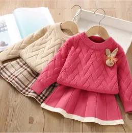 Nette Baby Mädchen Gestrickte Kleidung Sets Kinder Langarm Gestrickte Pullover + Plaid Röcke 2 stücke Set Kinder Outfits Mädchen anzug