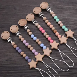 Beech Wood Chew Bead Pacifier Clips Chain Pentagram Dummy Chain Holder Soother Chains Nipple Holder For Baby Chew Ting Toy