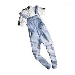 Jeans da uomo Salopette in denim lavato con neve slim blu chiaro per tute alte con bretelle strappate con foro grande e taglie forti Cargo strappato