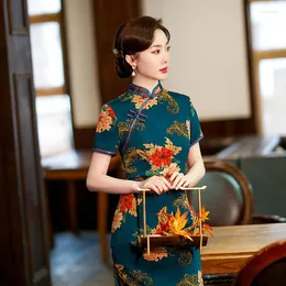 Etniska kläder Elegant slits i mellanlängd klänning damer traditionell qipao kinesisk stil cheongsam blommakväll quipao orientalisk
