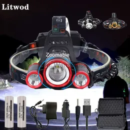 Head lamps Super Bright LED Headlight 3* Zoom LED Headlamp Flashlight Torch Head Lights Lamp+2*18650 Battery+AC/Car/USB Charger HKD230922