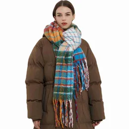 Шарфы Новый мохеровый Радужный клетчатый шарф женский зимний утолщенный теплый шаль x0922