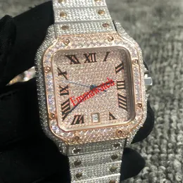 Relógio de diamantes de zircônia cúbica de prata misturada em ouro rosa com algarismos romanos de luxo MISSFOX quadrado mecânico masculino relógios totalmente gelados Cub292a
