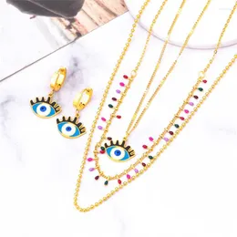 Necklace Earrings Set 316L Stainless Steel 3 Layer Oil Drip Blue Eyes Pendant Charm Chain Necklaces Fashion High Jewelry Party Gift SAN1631