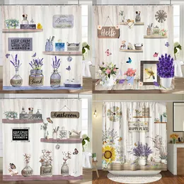Duschvorhänge, Blumen-Lavendel-Duschvorhang, Vintage-Antik-Holz-Badezimmer-Vorhang, Sonnenblumen-Blumen-Badezimmer-Polyester, wasserdichte Zierhaken, 230922