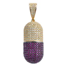 Collana con ciondolo con capsule di pillole ghiacciate in zircone cubico per uomo donna Hip Hop Detachab237C