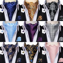 Neckband Hi-Tie Silk Mens Ascot Hanky ​​Cufflinks Set Jacquard Vintage Cravat slips grossist för manlig guldblå ​​röd lila rosa grön vit 231013