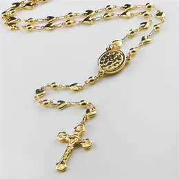 Doce estilo 5 mm feminino presente ouro rosário colar de aço inoxidável religioso jusus cruz contas corações crucifix266h
