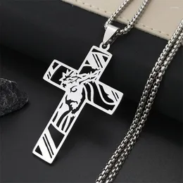 Pendant Necklaces Christ God Cross Jesus Crown Of Thorns Chain Necklace Men Stainless Steel Crucifix Jewelry Colar Masculino N8051S02