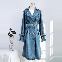 Women's Trench Coats Spring Fall Mid-length Denim Coat With Belt Frayed Burrs Long Sleeve Loose Casual Women Blue Cowboy Windbreaker