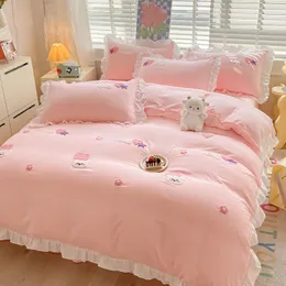 Bedding sets Kawaii Princess Set with White Ruffles Korean Style Girls Single Full Duvet Cover No Filling Flat Sheet Pillowcases Kit 230921