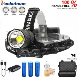 Kafa lambaları XHP-70.2 LED Far Fishing Camping Far Far Yüksek Power Fener Kafa Lambası Zoomable USB Meşaleler El Feneri 18650 HKD230922