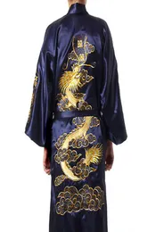 Traditional Embroidery Dragon Kimono Yukata Bath Gown Navy Blue Chinese Men Silk Satin Robe Casual Male Home Wear Nightgown3297118
