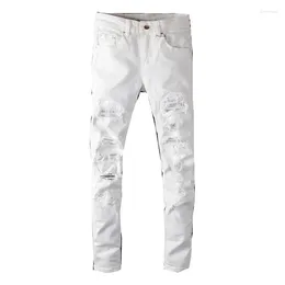 Jeans masculinos sokotoo branco cristal buracos rasgados moda magro strass estiramento calças jeans