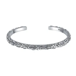 Sterling S925 Silver Style Carved Tang Grass Flower Thai Silver Bracelet Personalized High Bridge Flower Vine Wrapped Open Bracelet for Women