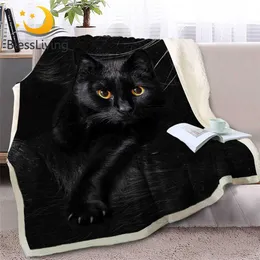 Blankets BlessLiving Black Cat Throw Blanket on Sofa 3D Animal Plush Sherpa Blanket Lovely Pet Bedspreads Fur Print Thin Quilt 150x200cm HKD230922