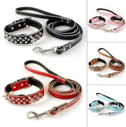 Dog Collars Leashes Padded Leather Studded Spiked Collar Leash Set For S M L Dogs8453167
