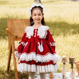 Lolita Girls red Bows princess dress Xmas kids splicing lace embroidery falbala cake dress Christmas children party clothes Z4330