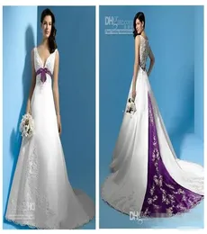 Latest Design A Line Wedding Dresses Top Selling Princess Long Bridal Gowns W1428 Spring VNeck Sash White and Purple Satin Beaded9410616