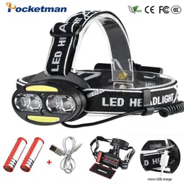 Head lamps Pocketman Headlight Powerful USB Headlamp 4*LED +2*COB+2*Red LED Head Lamp Head Flashlight Torch Lanterna with batteries charger HKD230922