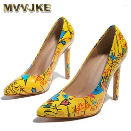 Dress Shoes MVVJKE Women Pumps High Heels Pointed Toe Ladies Fashion Office Pu Thin Painted Graffiti Female Slip On 2023