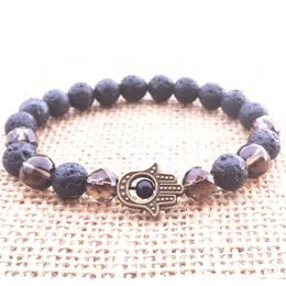 MG0759 HAMSA LAVA Stone Smoky Quartz Bransoletka Bransoletka Fatima Duchowa leczenie czakra korzeni czakra nadgarstka Mala Joga Biżuteria 228m