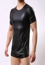 Men039s T Shirts Men Tshirt Short Sleeve Elastic Faux Leather Undershirt Muscle Ops Fitness Man For Party1262079