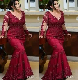 Vintage Burgundy Long Sleeves Prom Mother of the Bride Dresses 2022 Plus size Lace Beaded Sequin Evening Red Carpet Formal Gowns D7767356